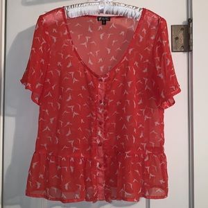 Lily White Top Birds on Semi-Sheer fabric, V-Neck, Ruffle Detail, Faux Button-up